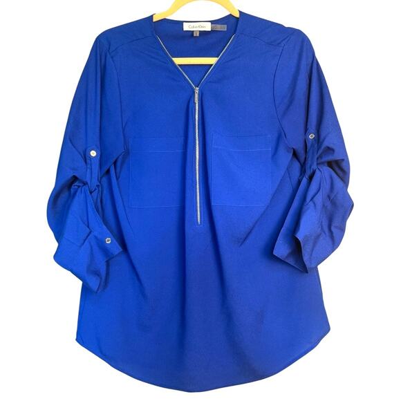CALVIN KLEIN 3/4 Sleeve Blue Zip Up Blouse, Size: M - Picture 1 of 8